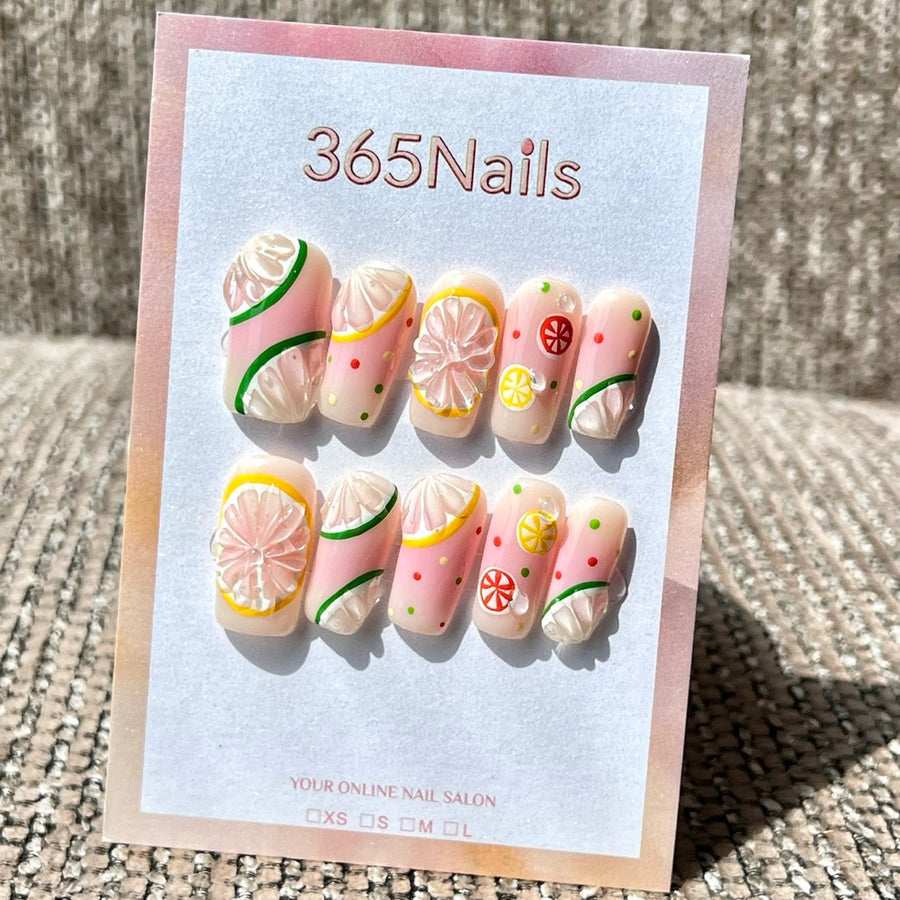 365nails: "Lemonade Sparkle" – 3D Citrus Handmade Long Square Press On Nails