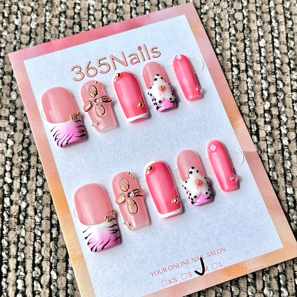 365nails: "Blush Tiger Floral" – Handmade Medium Coffin Press-On Nails