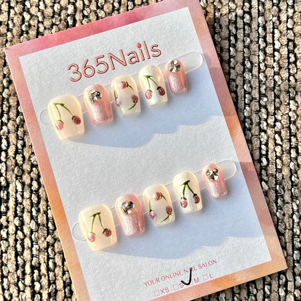 365nails: "White Pink Cherry Rhinestone" – Handmade Short Square Press-On Nails