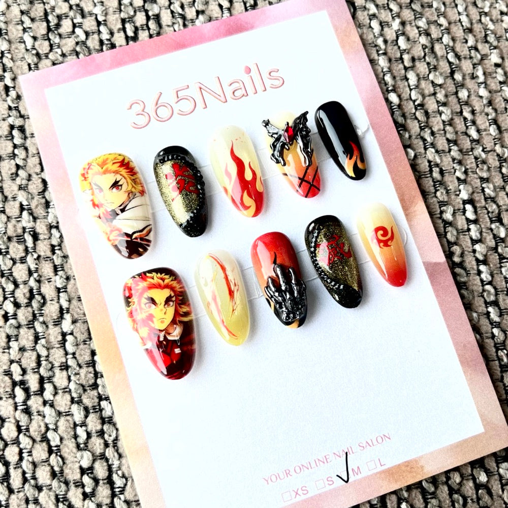 365nails: "Demon Slayer Kyojuro Rengoku" – Handmade Short Almond Press-On Nails