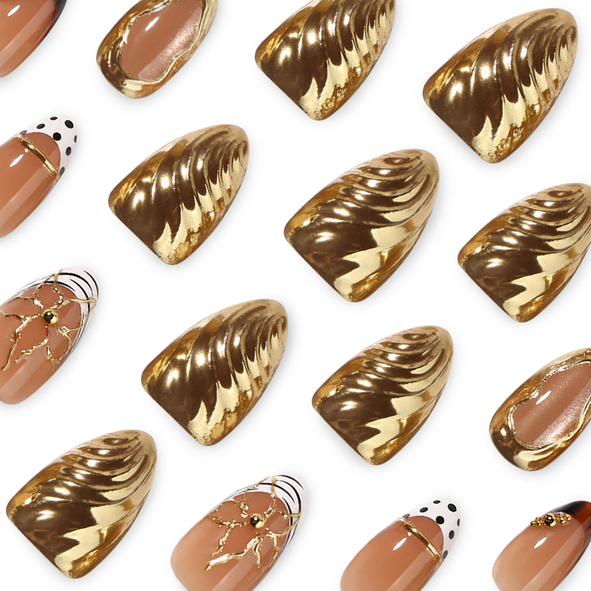 Close-up of gold textured and polka dot press-on nails