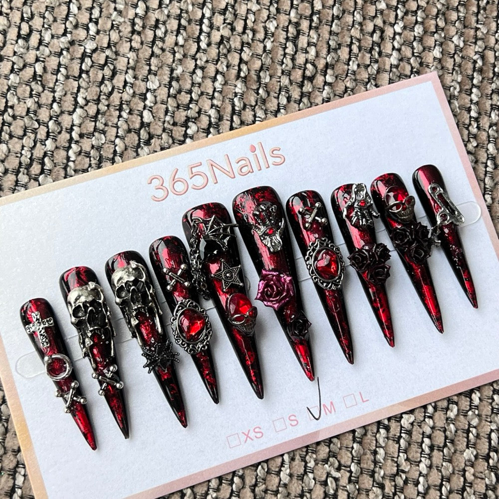 365nails: "Gothic Red Black Skull Rose Spider" – handmade press-on nails
