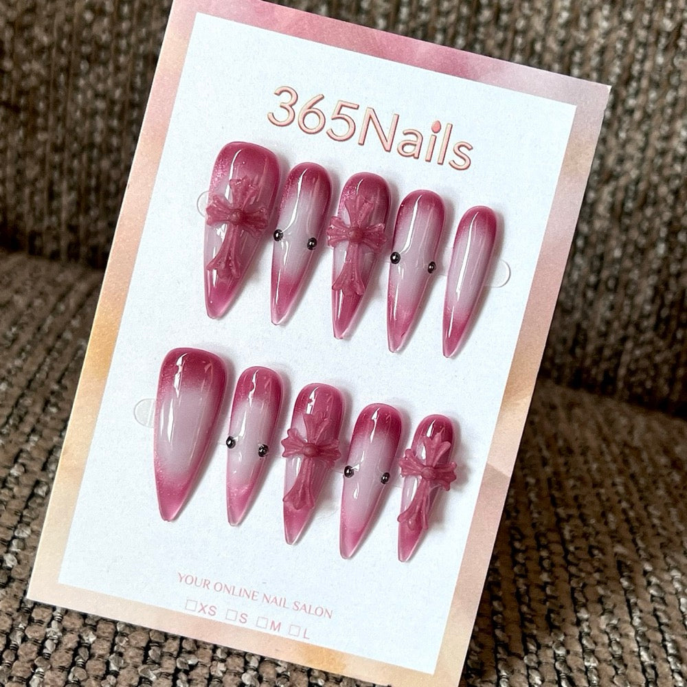 Rose Veil - Rose Ombre Bow Pointed Press-On Nails