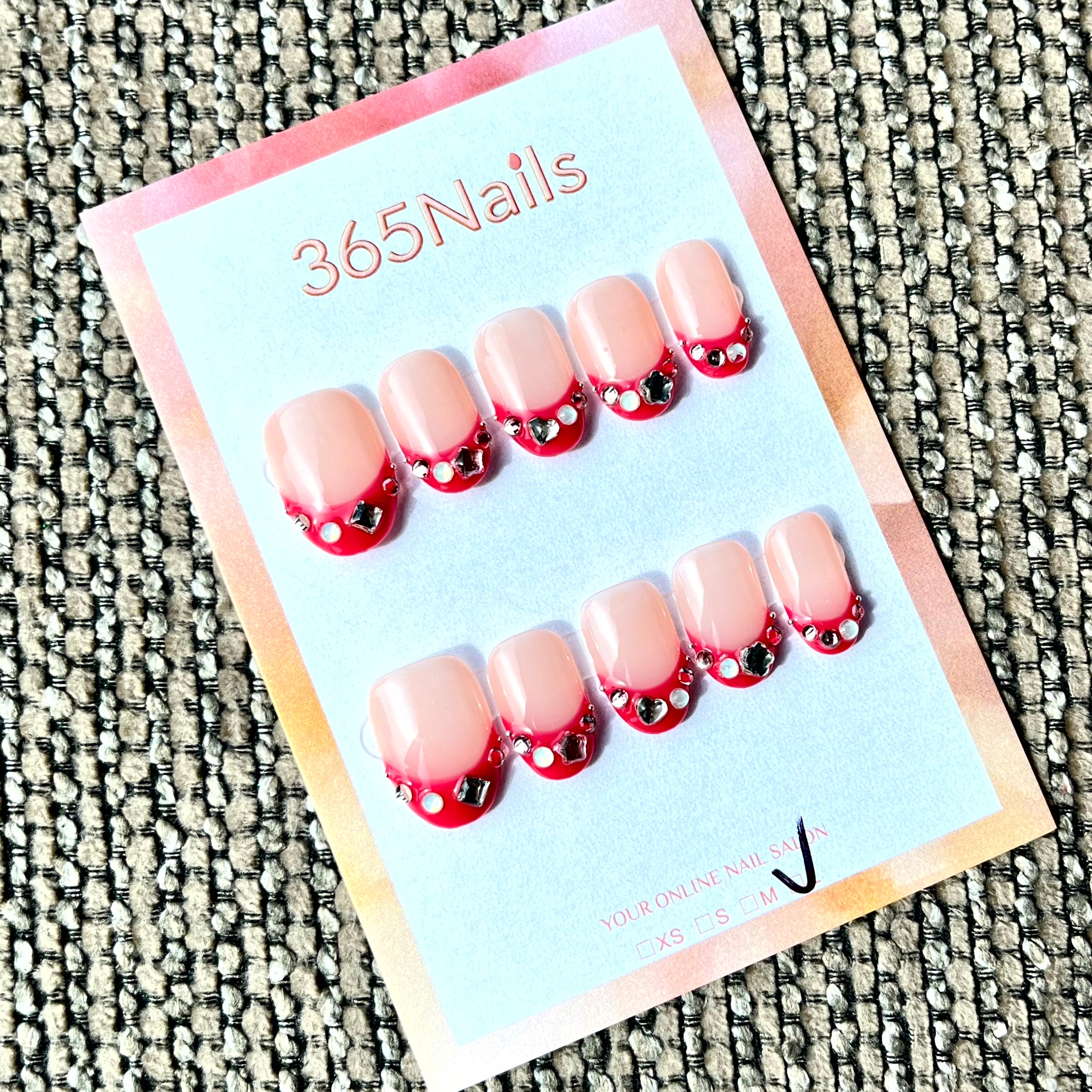 365nails: "Crimson Jewel" – Red French Tip Crystal Handmade Press on Nails Short Square Nails
