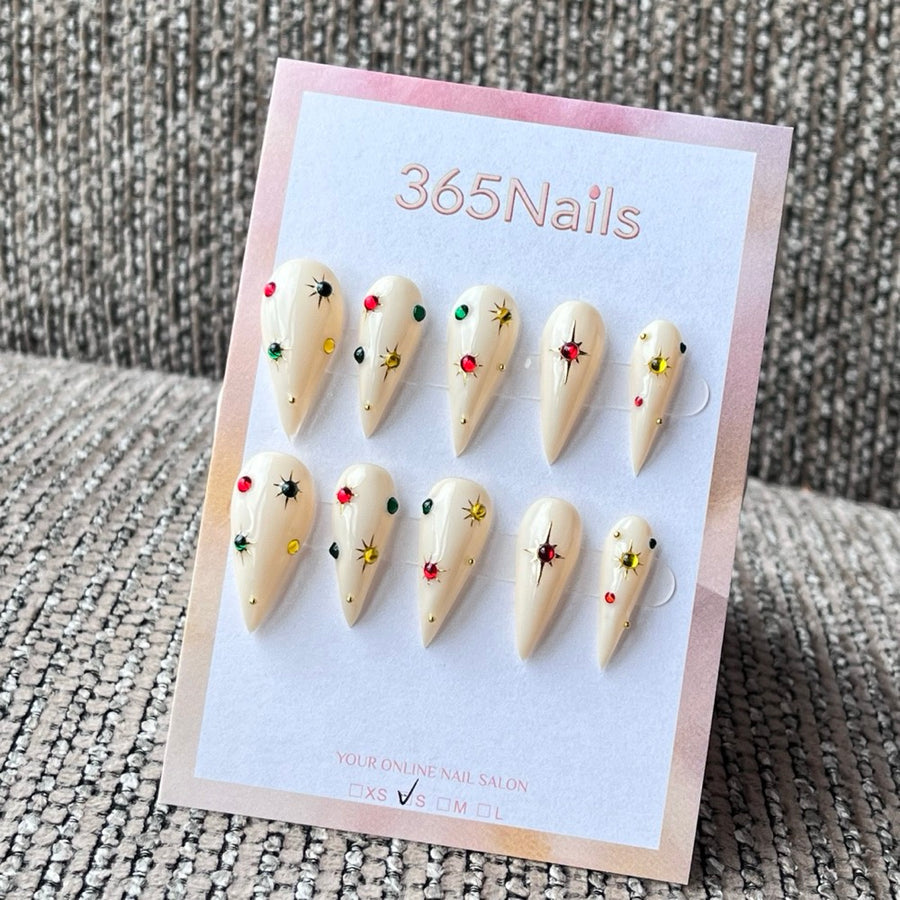 Nude Stiletto Press-On Nails with Colorful Star Charms