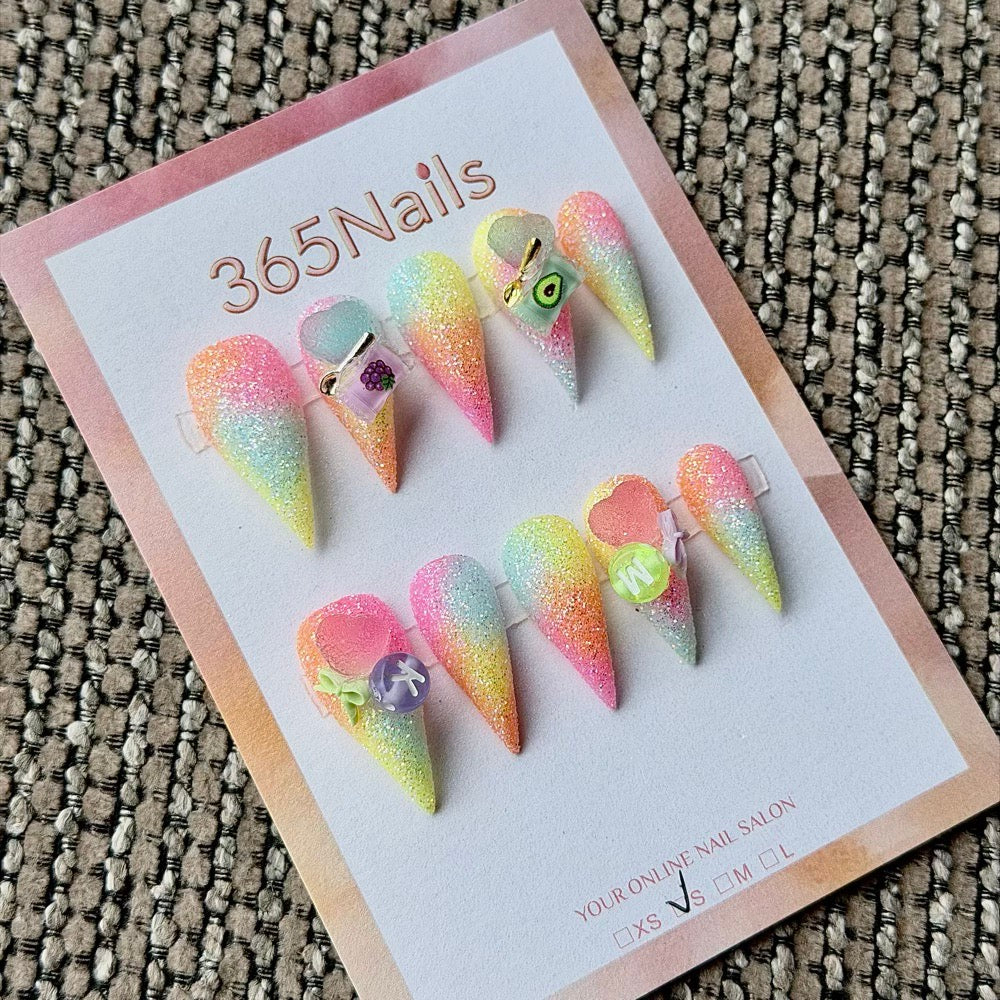 365nails: "Rainbow Glitter Fruit Heart" – 3D Mini Fruit Letter Charm Handmade Stiletto Nails
