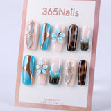 Aquamarine gold pattern × brown cat's eye 3D floral diamond setting press on nail