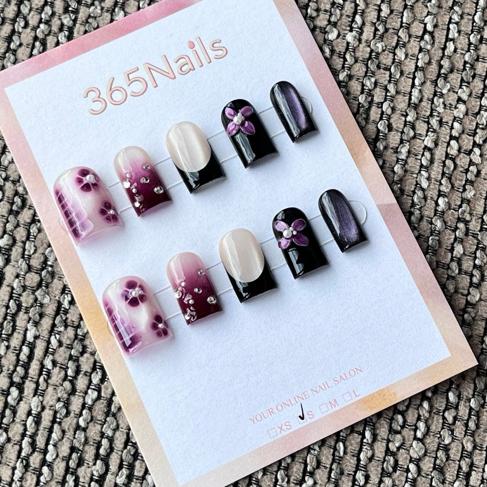 Purple & Black Floral Ombre Squoval Press-On Nails