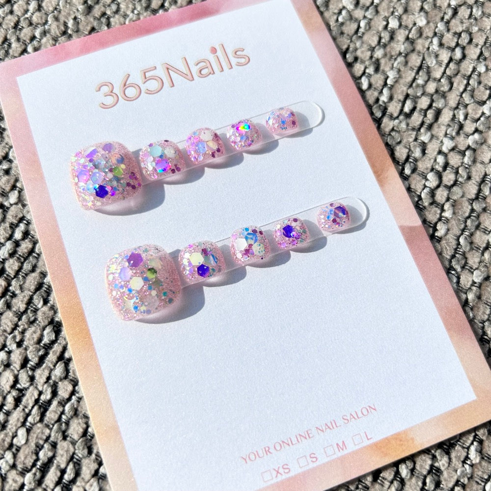 365nails: "pink glitter confetti" – handmade press-on toenails / pedicure