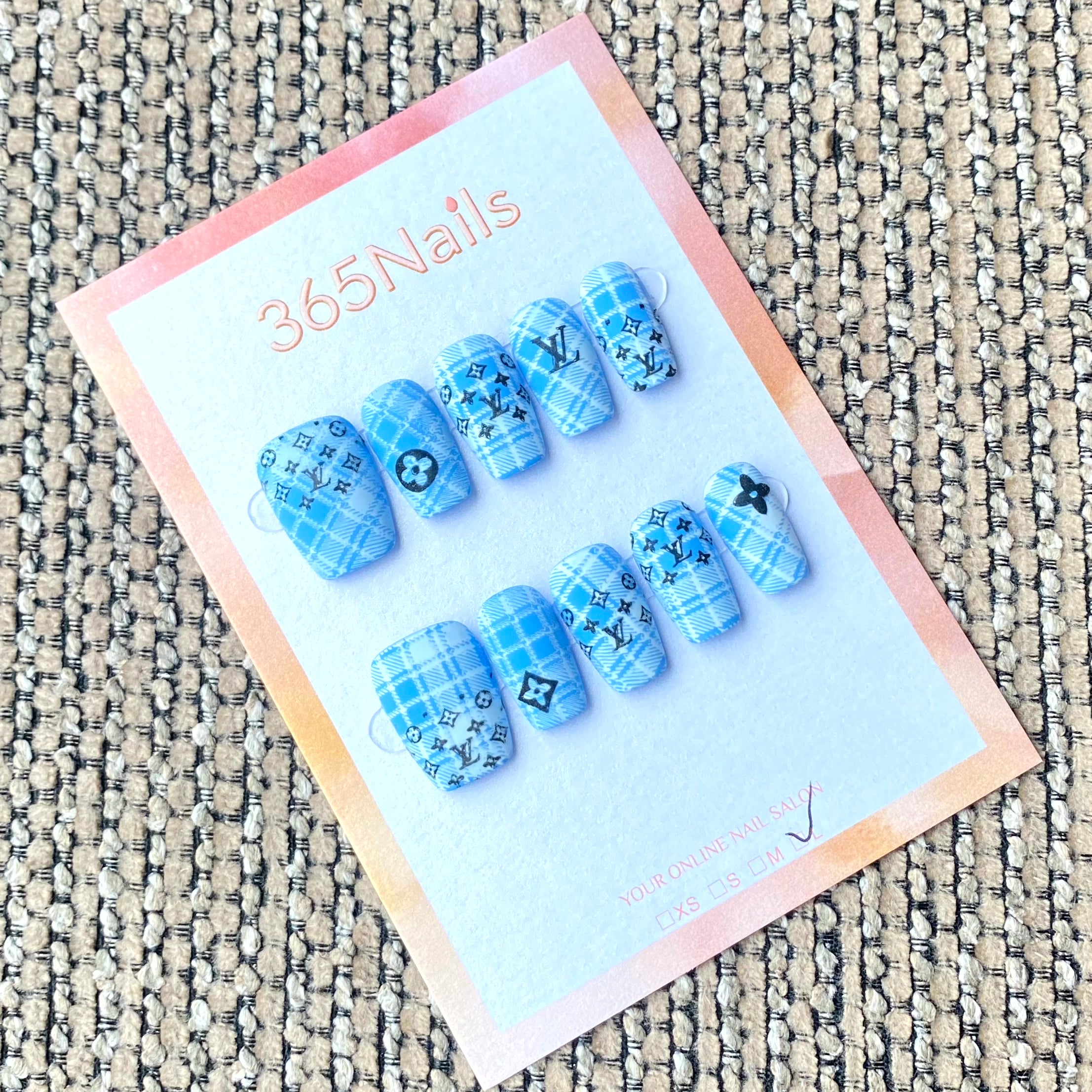 Luxury Logo 365nails: "Sky Blue Plaid Monogram" – Black Monogram & Plaid Handmade Squoval Nails