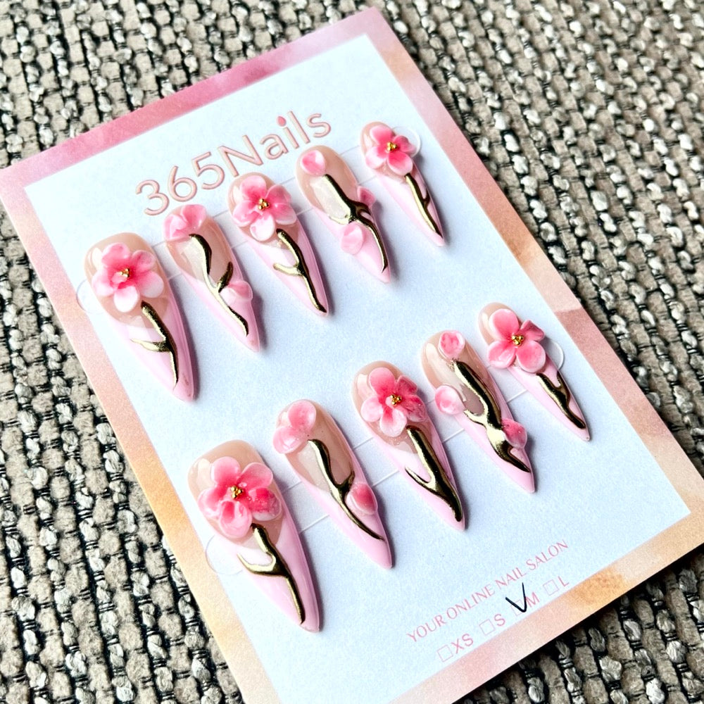 365nails: "Galho de Cerejeira Rosa" – Unhas Stiletto Florais 3D Feitas à Mão