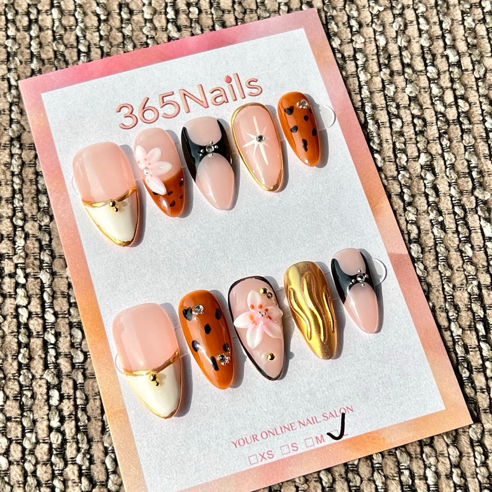 365nails: "Nude Brown Flower Leopard Mix" – Handmade Medium Stiletto Press-On Nails
