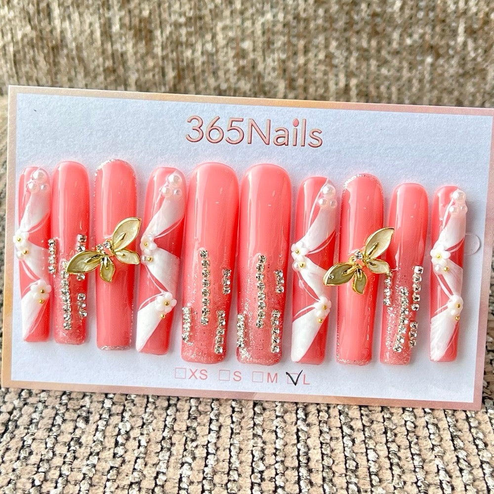 365nails: "Pink White Butterfly Long" – Handmade Long Trapezoid Press-On Nails