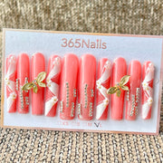 365nails: "Pink White Butterfly Long" – Handmade Long Trapezoid Press-On Nails