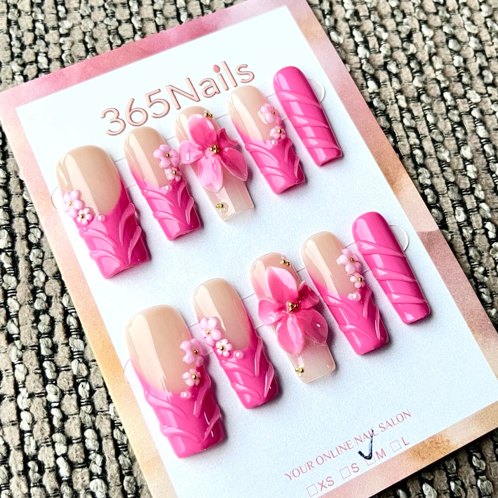 365nails: "Tropical Bloom" – 3D 플로럴 수제 코핀형 네일