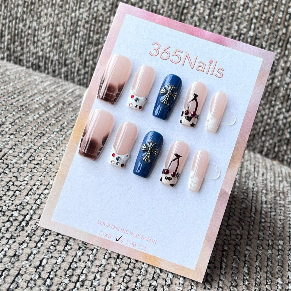 Trendy Nude Blue Cross Cherry Press-On Nails