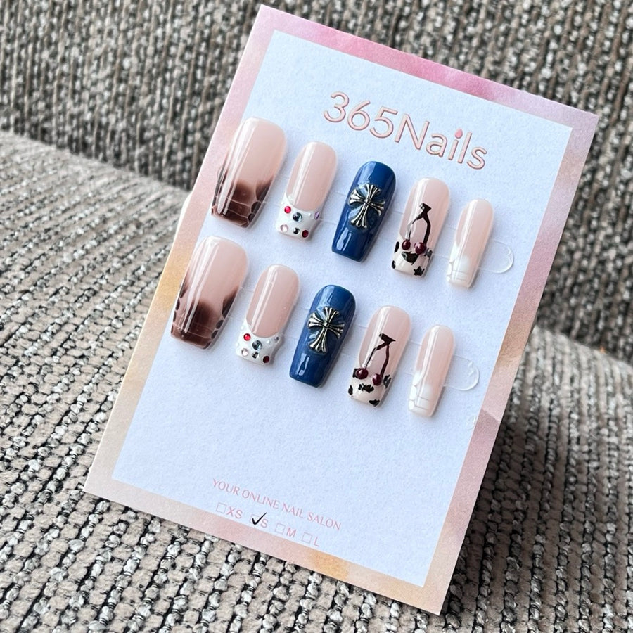 Trendy Nude Blue Cross Cherry Press-On Nails
