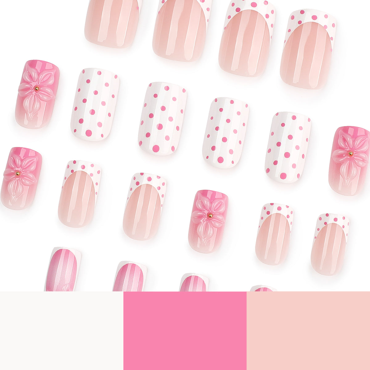 Scattered pink press-on nails with 3D flowers above a pink and white color palette