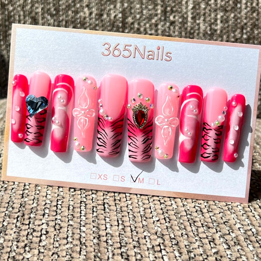 365nails: "Wild Heart" – 3D Gem & Animal Print Handmade Coffin Nails