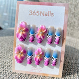 Sculpted Flora: "Tropical Sunset Tiger" – 3D Yellow-Pink Floral & Blue Ombre Animal Print Long Square Nails