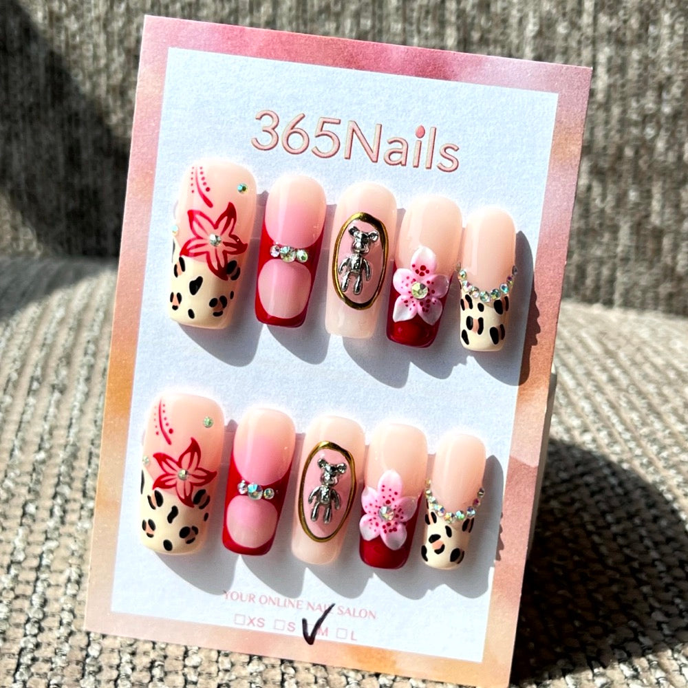 365nails: "Burgundy Chic" – Unhas Postiças Artesanais Amendoadas com Estampa Floral 3D e Dálmata