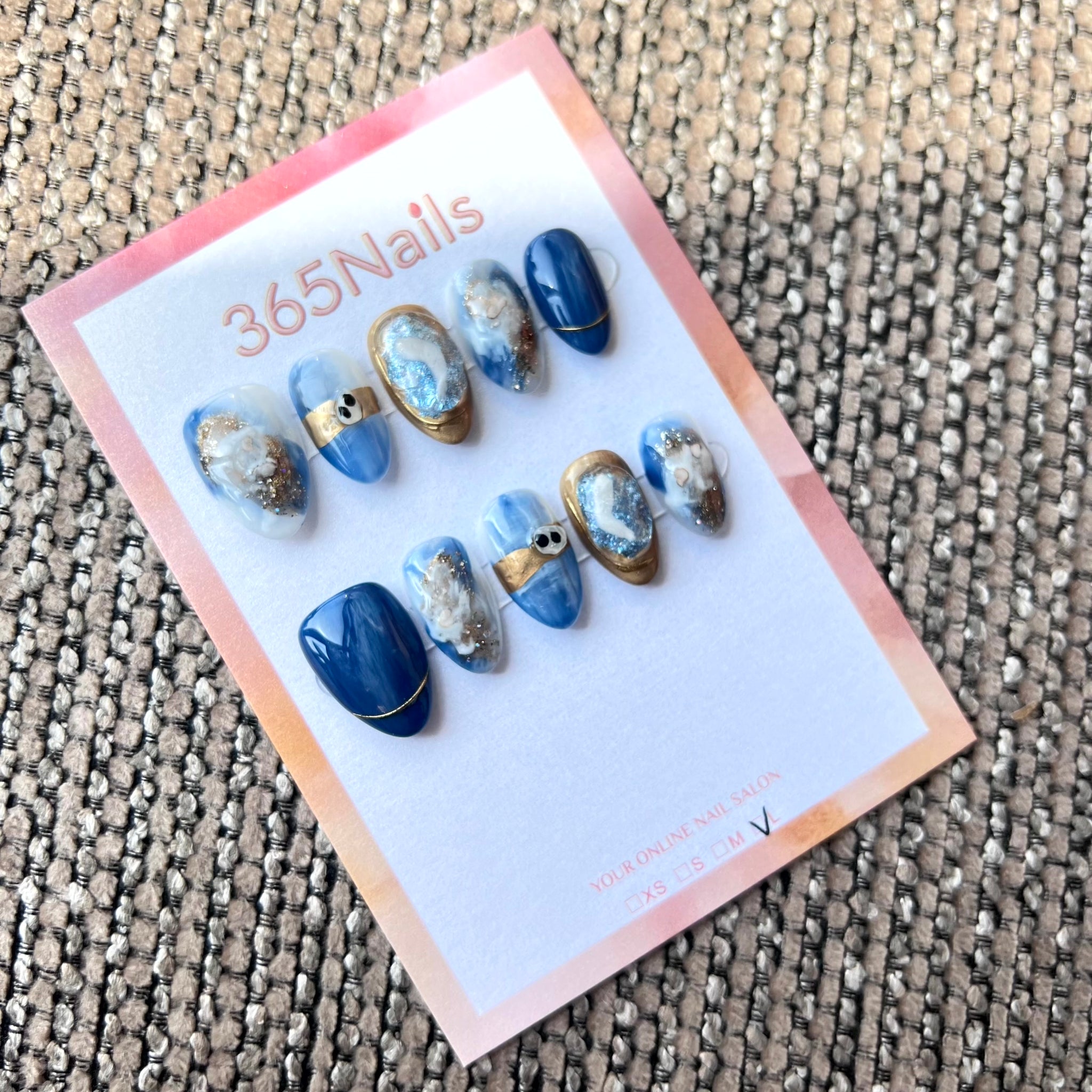 365nails: "Azure Moon" – Blue Marble & 3D Gold Crescent Handmade Almond Nails