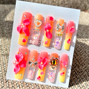 365nails: "Sunset Tangerine Glow" – Handmade 3D Floral Press-On Long Square Nails-4cm