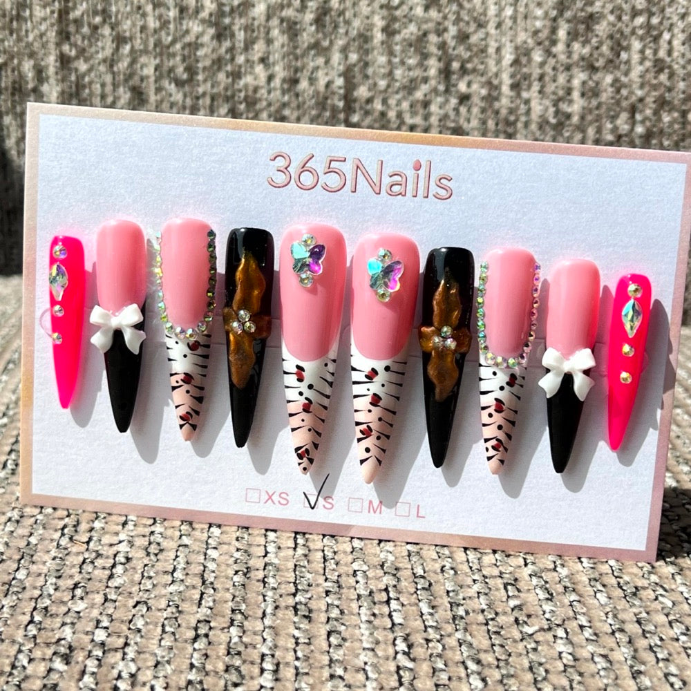 365nails: "Wild Couture" – 3D Bow & Leopard Print Handmade Long Stiletto Nails