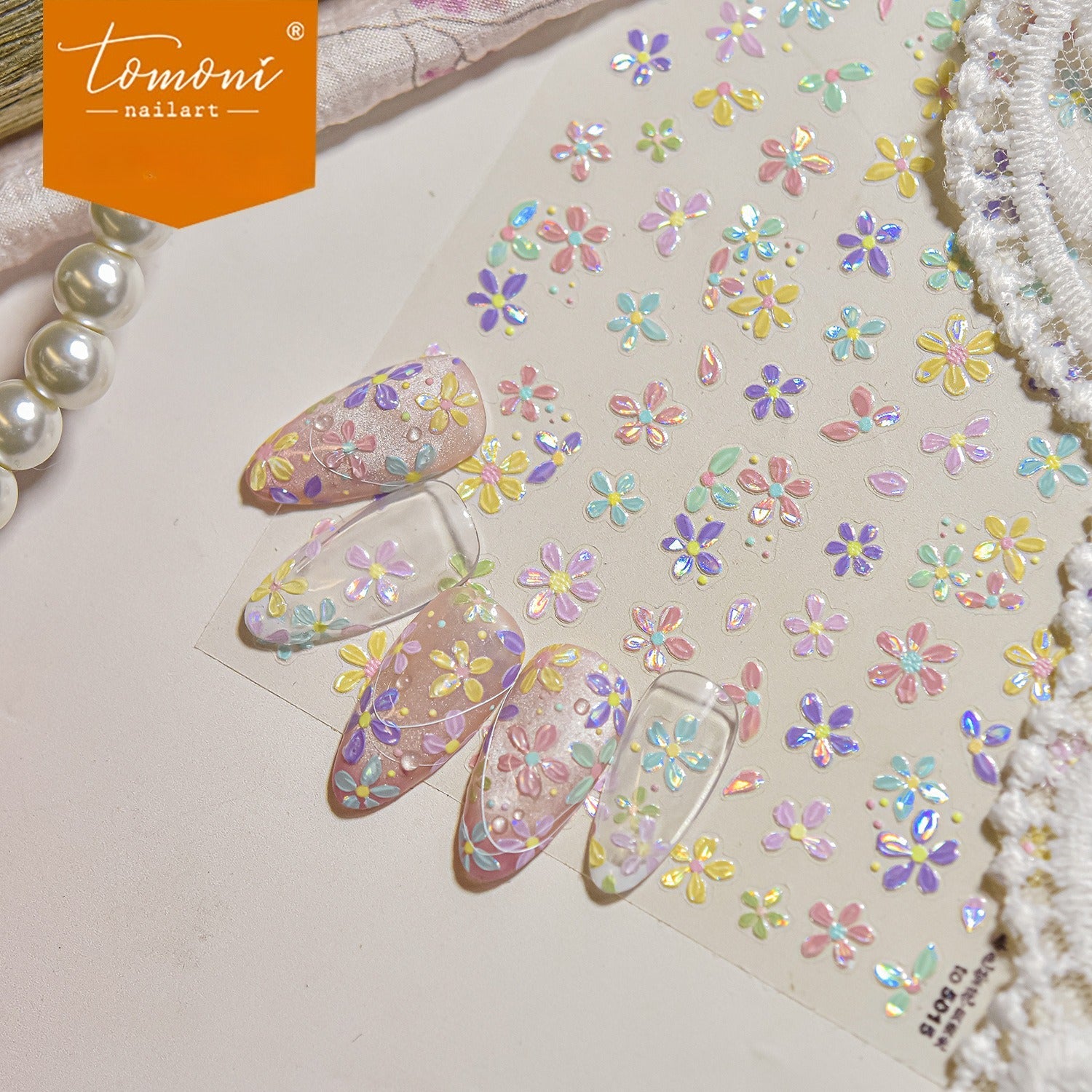 Macaron Five-Petal Flower Collection: "Pastel Flower Bloom" – 3D Embossed Nail Sticker