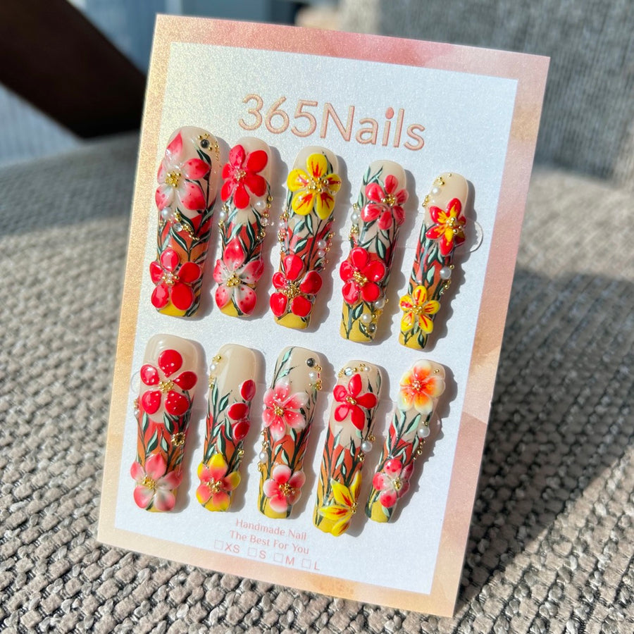 Fait main Jardin tropical — ongles press-on 3D floraux | hibiscus vif & motifs de lianes | long, forme coffin