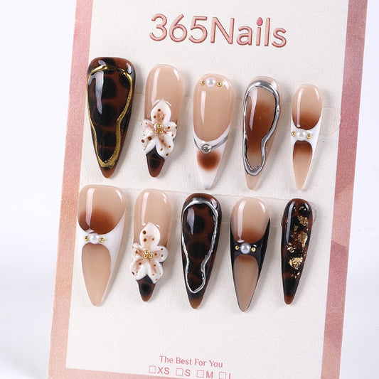 365Nails Milky Coffee Tortoiseshell French with 3D Flowers Press-On Nails