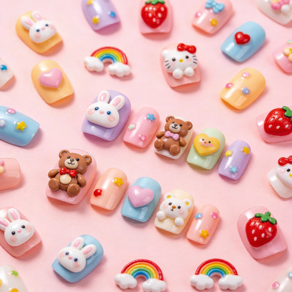 Wholesale Mixed Batch: Handmade Kids Press-on Nails - Assorted Cute Cartoon Designs (Size XS-L)