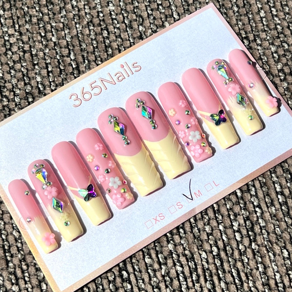 365nails: "Enchanted Garden" – 3D Floral & Butterfly Handmade Medium Coffin Nails