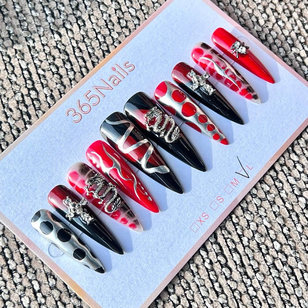 365nails 레드·블랙 드래곤 크로스 수제 롱 스틸레토형 프레스온 네일