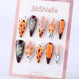 Autumn Orange Butterfly Wing Leopard Print Rhinestone-Embellished Long Pointed Toe Hand-Painted Press On Nail