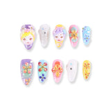 Colorful 3D Flower and Doll Face Press-On Nails