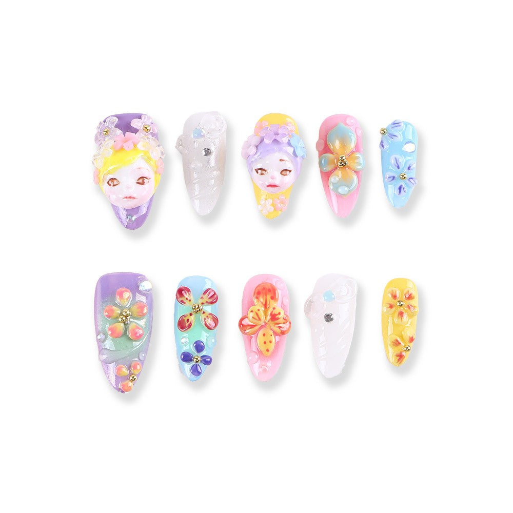 Colorful 3D Flower and Doll Face Press-On Nails