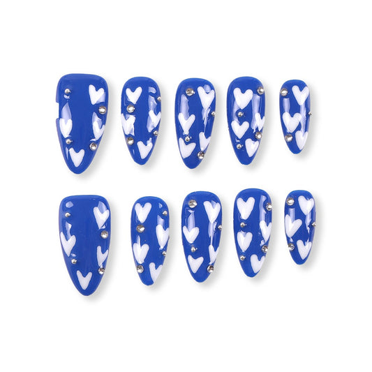 365Nails Royal Blue Full-Print Hearts with Silver Stud Accents Press-On Nails