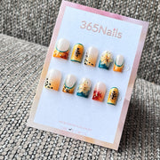 Tropical Orange & Teal Leopard Print Press-On Nails with 3D Flower