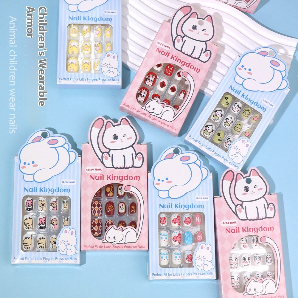 Children press on nails, cartoon 24-piece boxed finished product, sweet and cute children's removable fake nail patch manicure