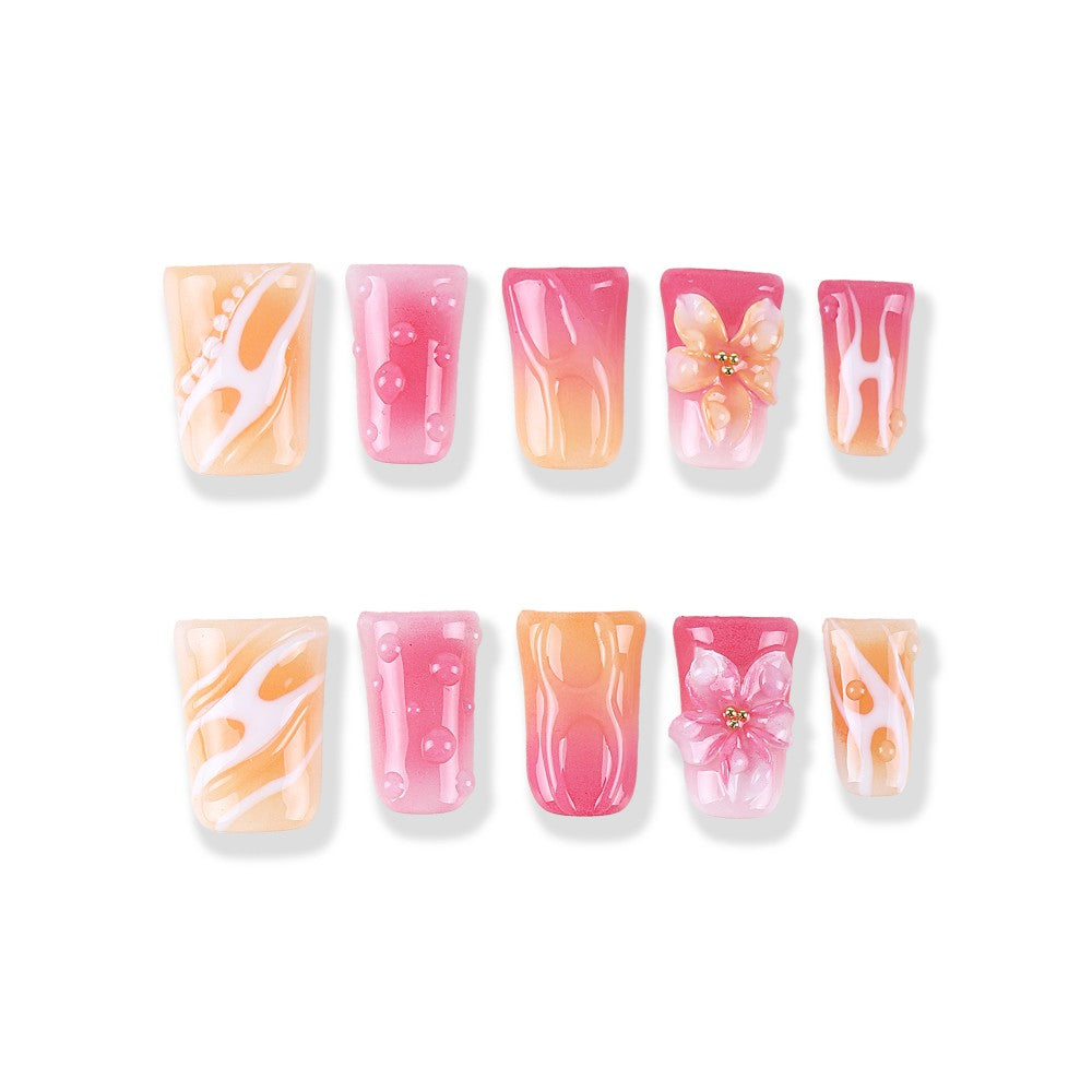Peach pink gradient × jelly 3D flower, medium-sized square hand-painted design Press On Nail