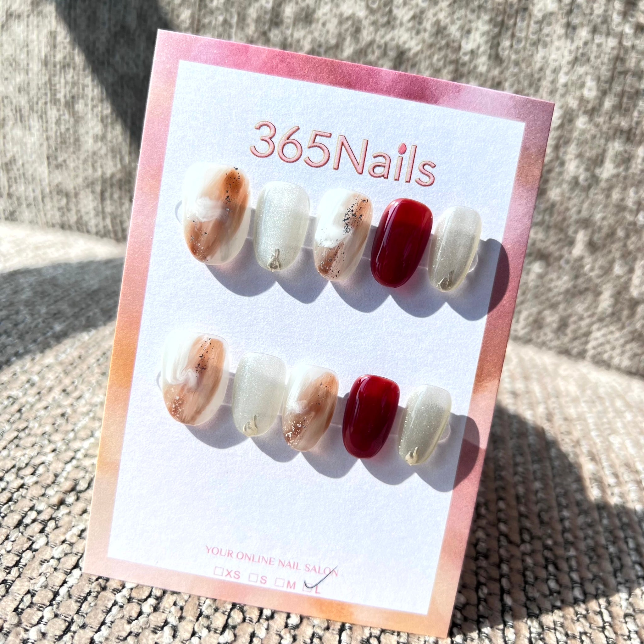 365nails: "Autumn Latte Canvas" – Abstract Brushstroke & Red Accent Handmade Squoval Nails