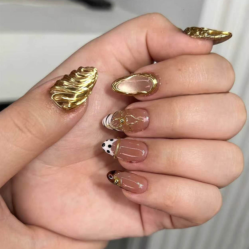 French Animal Print Glossy Brown Almond Short Press On Nails – Design 7