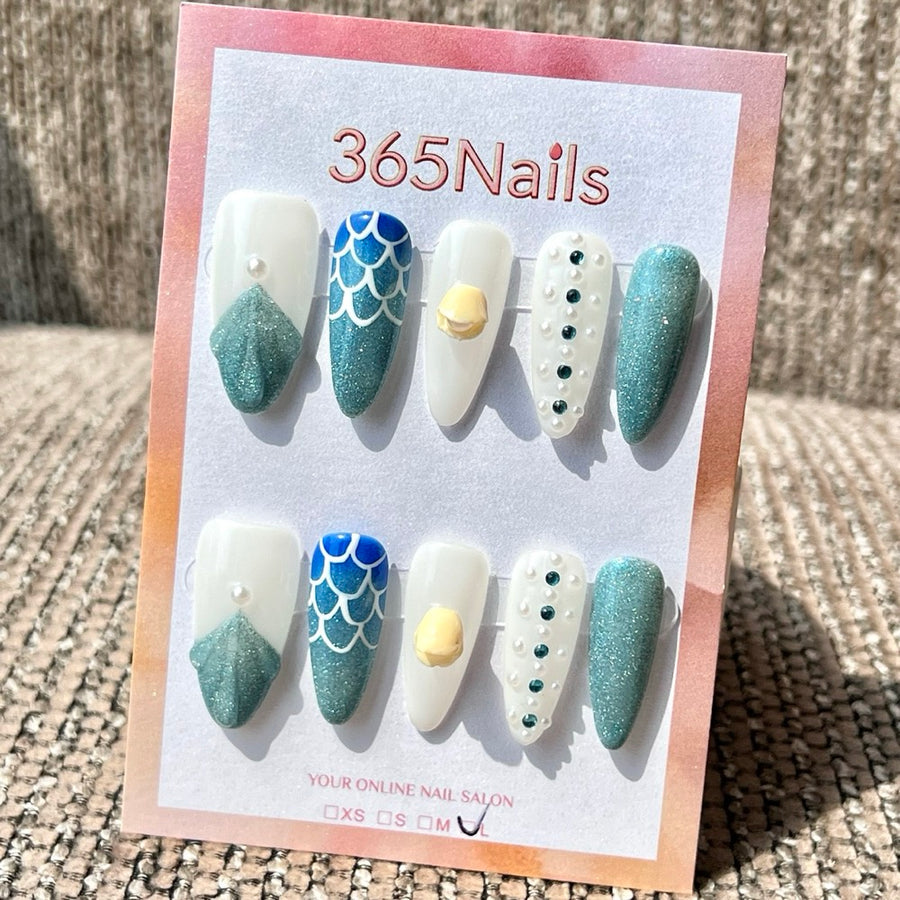 365nails: "오션 인어 비늘 쉘 펄" – 수제 미디엄 스틸레토형 프레스온 네일