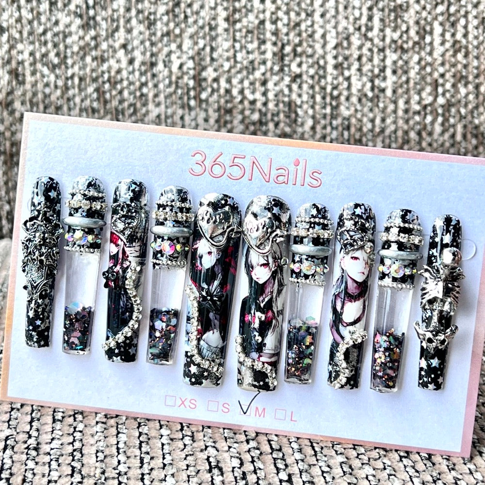 365nails: "Dark Anime Rebel" – Handmade Liquid Motion Press-On Long Pipe Nails-5.5cm