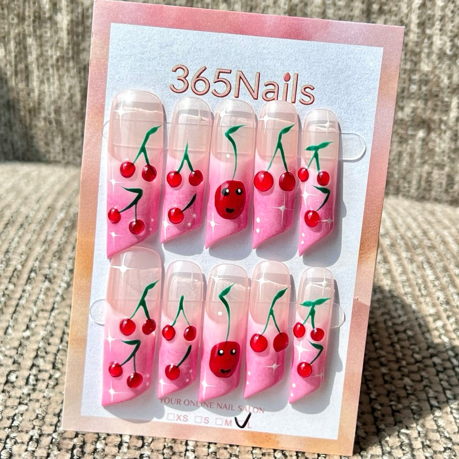 365nails 수제 롱 스틸레토형 프레스온 네일 — 귀여운 체리 그라데이션