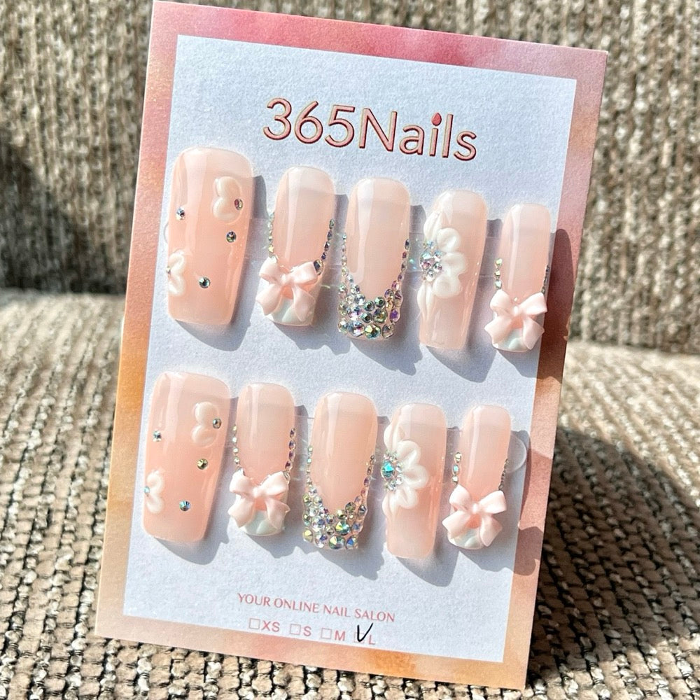 365nails 블러쉬 핑크 리본·꽃 라인스톤 3D 수제 미디엄 코핀형 프레스온 네일