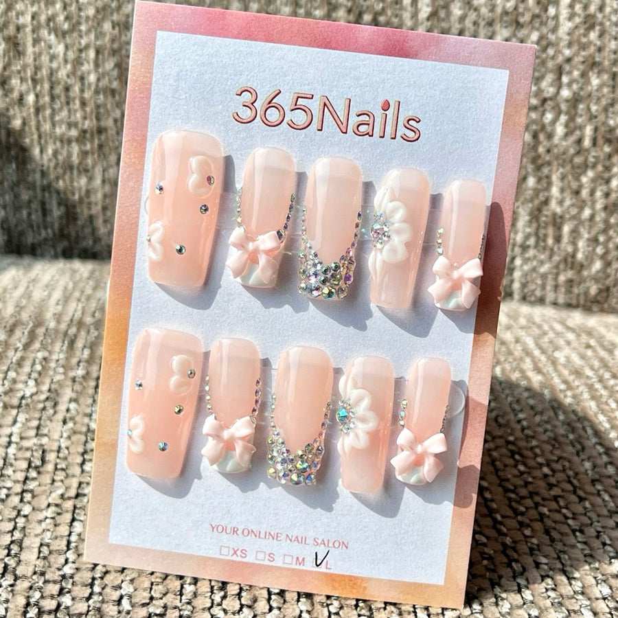 365nails 블러쉬 핑크 리본·꽃 라인스톤 3D 수제 미디엄 코핀형 프레스온 네일
