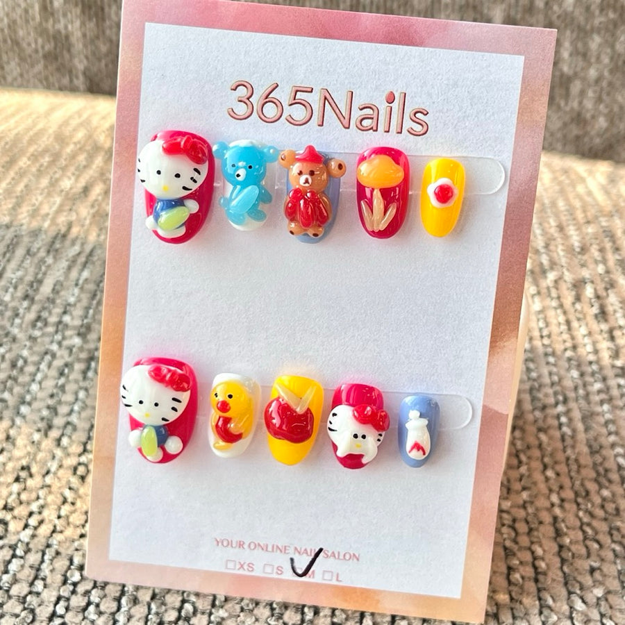 365nails 컬러풀 헬로키티 캐릭터 숏 스퀘어형 수제 프레스온 네일