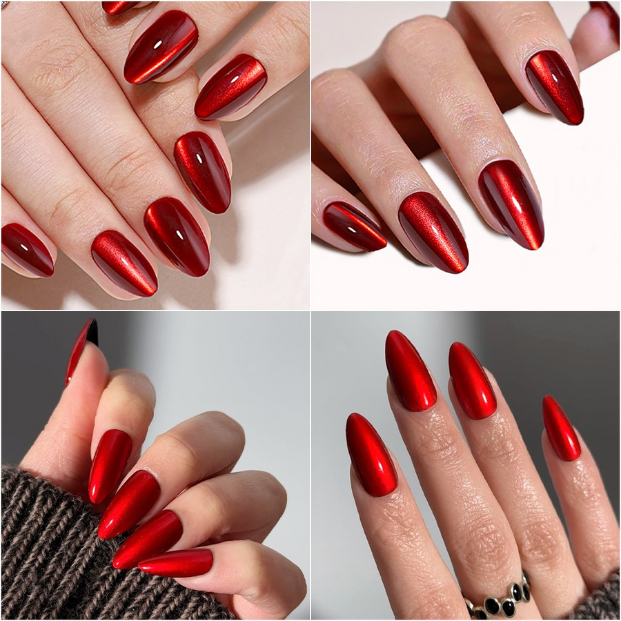 Unhas Postiças Vermelhas Olho de Gato Curta Amendoada (MOQ=3)